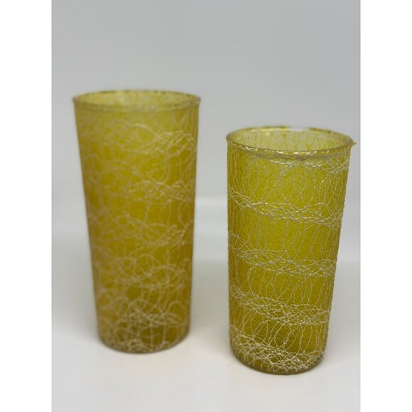 VTG 50s Rubber Spaghetti String Glass Tumbler MCM Beverage Cup Set Of 2 Barware - Picture 2 of 7